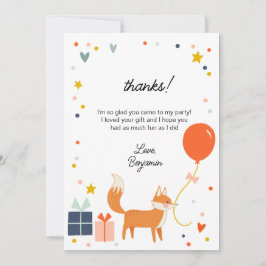 かわいいキツネのモダンな子供の誕生日パーティー感謝メッセージ サンキューカード