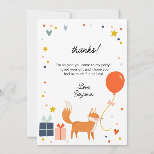 かわいいキツネのモダンな子供の誕生日パーティー感謝メッセージ サンキューカード (正面)