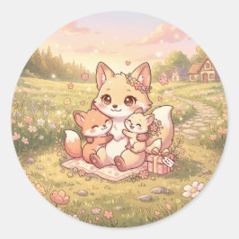 かわいいキツネの家族ステッカー ラウンドシール