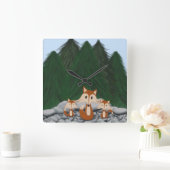 かわいいキツネの家族 スクエア壁時計 (ホーム)