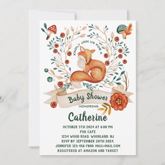かわいいキツネの森のフローラ赤ちゃんシャワー招待状 招待状 (正面)