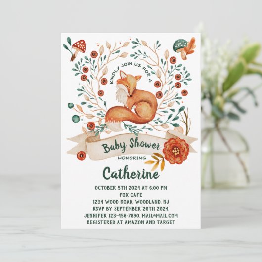 かわいいキツネの森のフローラ赤ちゃんシャワー招待状 招待状 (スタンド正面)