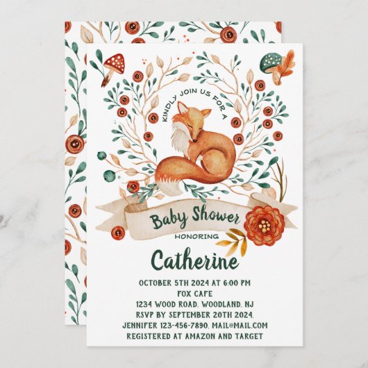 かわいいキツネの森のフローラ赤ちゃんシャワー招待状 招待状 (正面/裏面)