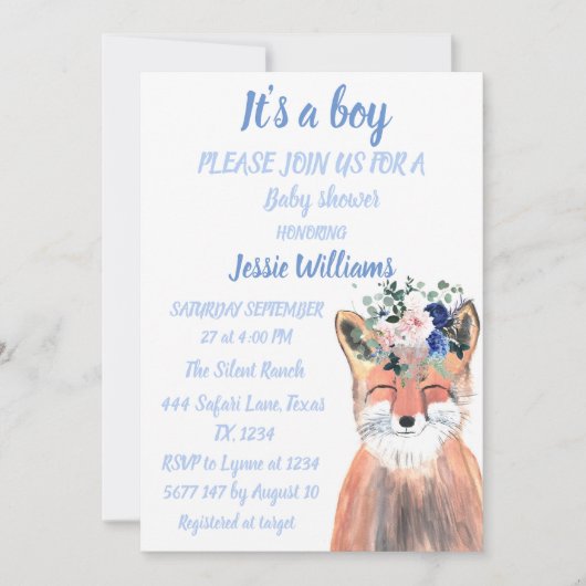 かわいいキツネの森の動物の素朴な男の子のシャワーⅠ 招待状 (正面)