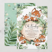 かわいいキツネの植物ガーデン ニュートラル ベビーシャワー 招待状 (正面/裏面)
