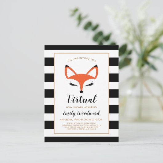 かわいいキツネの顔のバーチャルベビーシャワー招待状 ポストカード (スタンド正面)