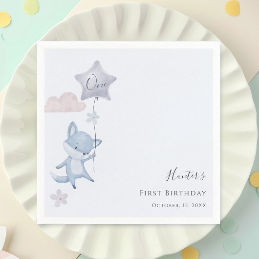 かわいいキツネの風船の男の子1歳の誕生日  スタンダードカクテルナプキン