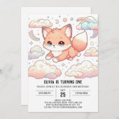 かわいいキツネの1歳誕生日 招待状 (正面/裏面)