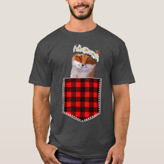 かわいいキツネひまわりポケットから覗き込む Tシャツ