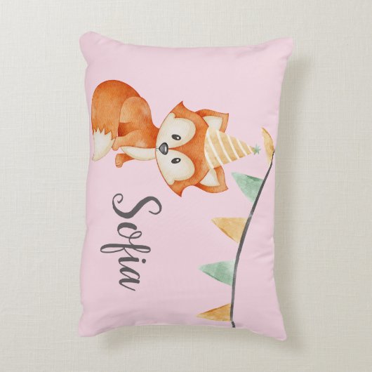 かわいいキツネウッドランドパーティーハットハッピーバースデーピンク アクセントクッション (裏面(縦))