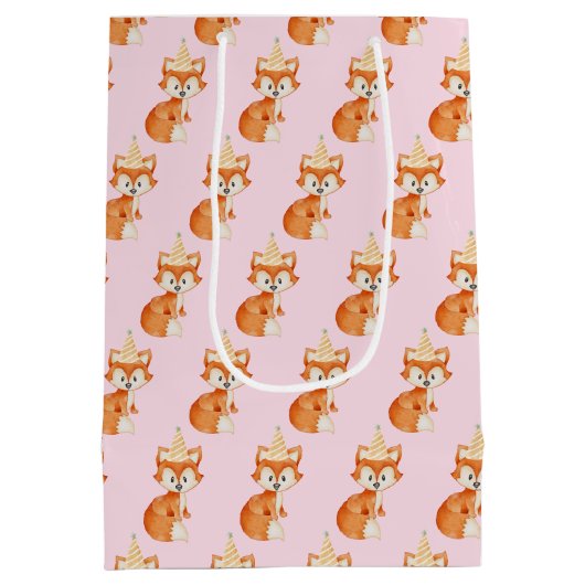 かわいいキツネウッドランドパーティーハットハッピーバースデーピンク ミディアムペーパーバッグ (裏面)