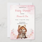 かわいいキツネウッドランド動物ピンクのフローラ赤ちゃんシャワー 招待状 (正面)
