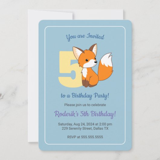 かわいいキツネオンブルーボーイズ5th誕生日 招待状 (正面)