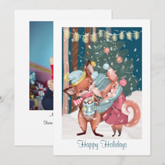 かわいいキツネカップル幸せな休日クリスマスフォト シーズンカード (正面/裏面)