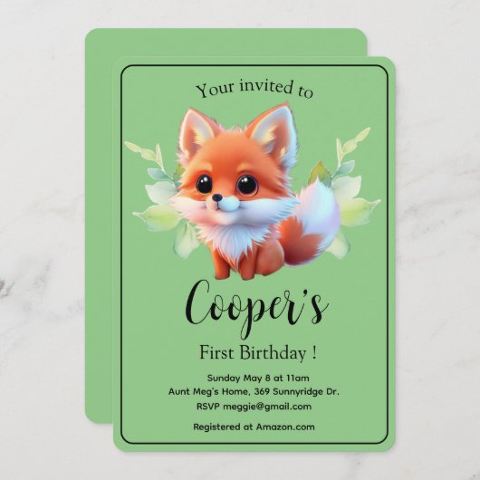 かわいいキツネスケッチ森林動物の森の友人 招待状 (正面/裏面)