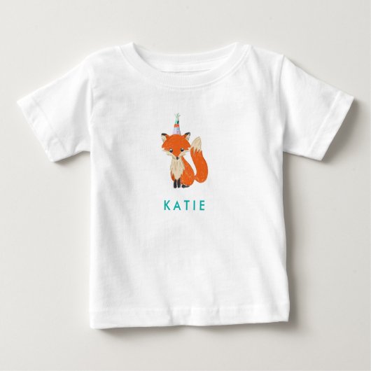 かわいいキツネパーティーハットウッドランドパーソナライズされた名 ベビーTシャツ (正面)