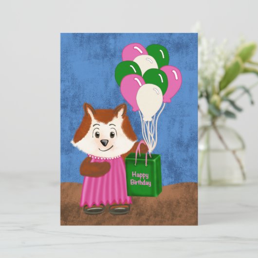 かわいいキツネピンクドレスバルーンハッピーバースデーギフト (スタンド正面)