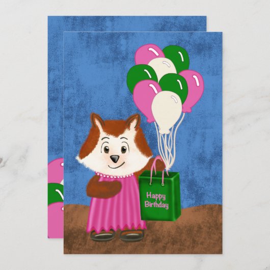かわいいキツネピンクドレスバルーンハッピーバースデーギフト (正面/裏面)