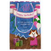 かわいいキツネピンクドレスバルーンハッピーバースデー ミディアムペーパーバッグ (正面)