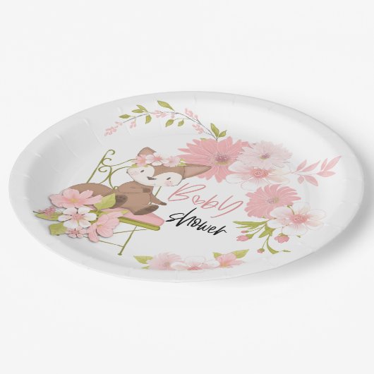 かわいいキツネピンク白花模様女の子ベビーシャワー ペーパープレート (アングル)