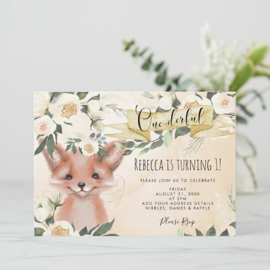 かわいいキツネフローラ1歳誕生日の招待状 招待状 (スタンド正面)