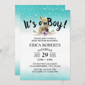 かわいいキツネボーイティール(緑がかった色)水色ベビーシャワー 招待状 (正面/裏面)