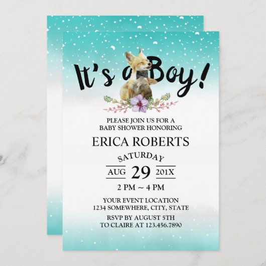 かわいいキツネボーイティール（緑がかった色）水色ベビーシャワー 招待状 (正面/裏面)