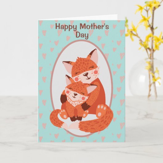 かわいいキツネママとベビーママの日 カード (黄色い花)
