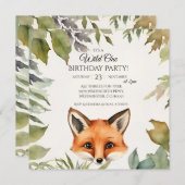 かわいいキツネワイルドワン1歳の誕生日パーティー 招待状 (正面/裏面)