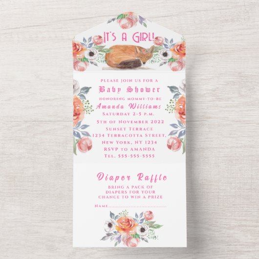 かわいいキツネ動物の花女の子の赤ちゃんシャワー オールインワン招待状 (内側)