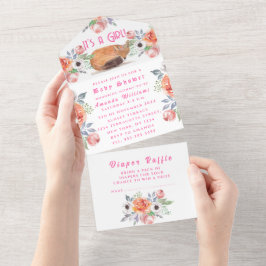 かわいいキツネ動物の花女の子の赤ちゃんシャワー オールインワン招待状