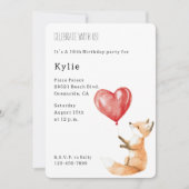 かわいいキツネ動物ハート風船誕生日 招待状 (正面)