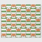 かわいいキツネ及び緑のストライプ ラッピングペーパー (フラット)