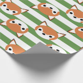 かわいいキツネ及び緑のストライプ ラッピングペーパー (角)