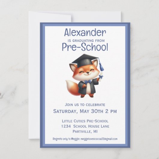 かわいいキツネ幼稚園キッズ卒業パーティー 招待状 (正面)