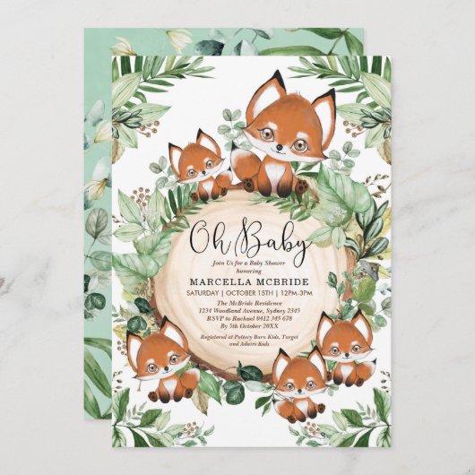 かわいいキツネ植物緑のニュートラルベビーシャワー 招待状 (正面/裏面)