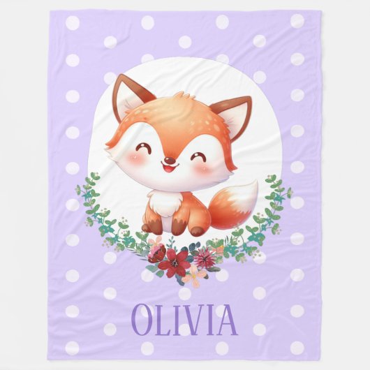 かわいいキツネ水玉模様 エレガント フリースブランケット (正面)