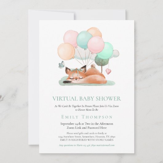 かわいいキツネ眠っているバルーンティール（緑がかった色）バーチャルベビーシャワー 招待状 (正面)