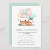 かわいいキツネ眠っているバルーンティール（緑がかった色）バーチャルベビーシャワー 招待状 (正面/裏面)