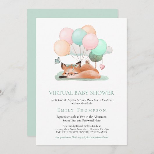 かわいいキツネ眠っているバルーンティール(緑がかった色)バーチャルベビーシャワー 招待状 (正面/裏面)