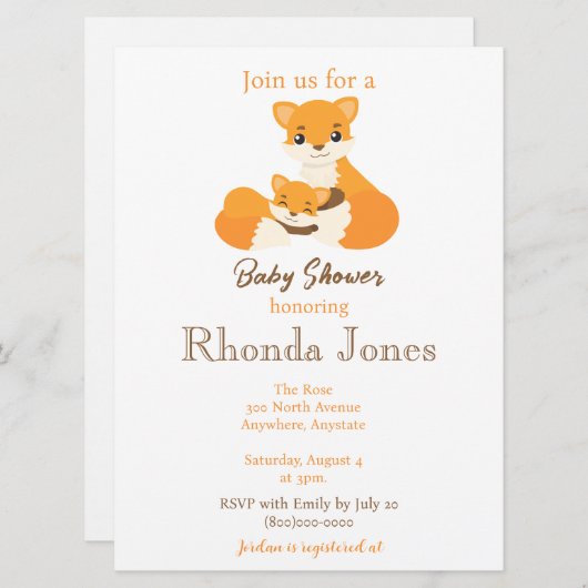 かわいいキツネ秋の赤ちゃんシャワー 招待状 (正面/裏面)