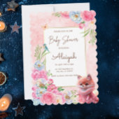 かわいいキツネ赤面ピンクフローラ水色ベビーシャワー 招待状