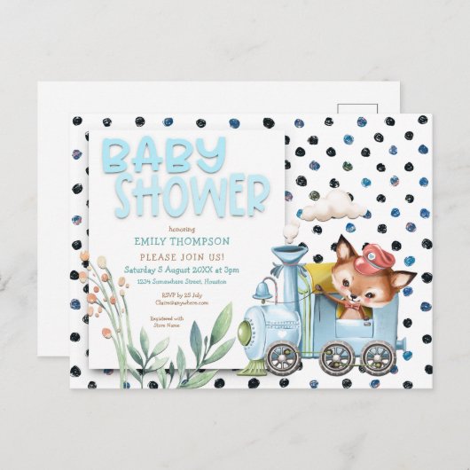 かわいいキツネ電車の水玉模様ブルーベビーシャワー インビテーションポストカード (正面/裏面)