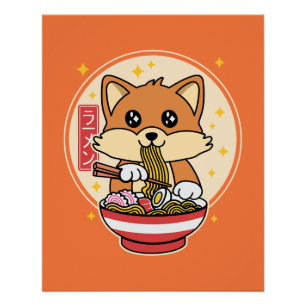 かわいいキツネ食べ物のラーメンかわいい日本のの食べ物 ポスター