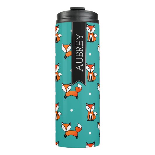 かわいいキツネ&ティール(緑がかった色)ホワイト水玉模様 パーソナライズされた タンブラー (正面)
