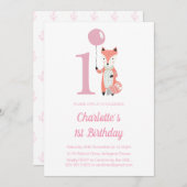 かわいいキツネ&バルーンピンク1歳の誕生日 招待状 (正面/裏面)