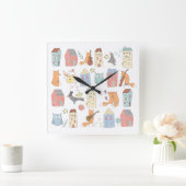 かわいいキツネ/フクロウ/家/子供/保育園 白 スクエア壁時計 (ホーム)