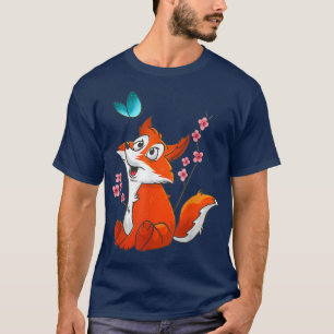 かわいいキツネ&フラワーグラフィックス日本のさくらんぼ花 Tシャツ