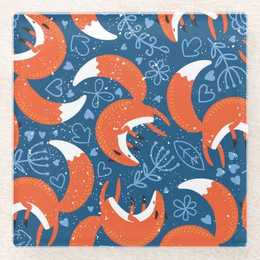 かわいいキツネ:ヴィンテージ動物のパターン ガラスコースター (正面)