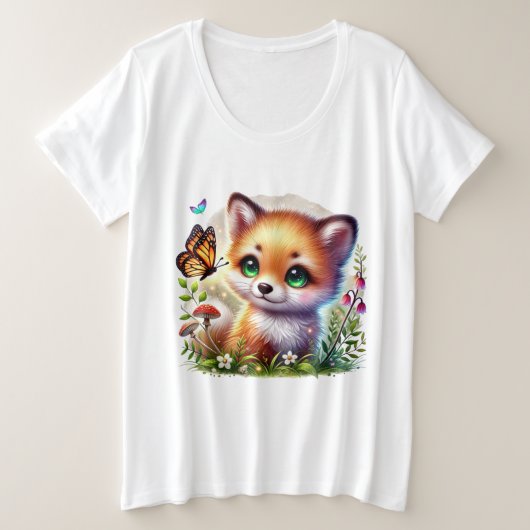 かわいいキツネ 蝶 愛好家 プラスサイズTシャツ (デザイン正面)